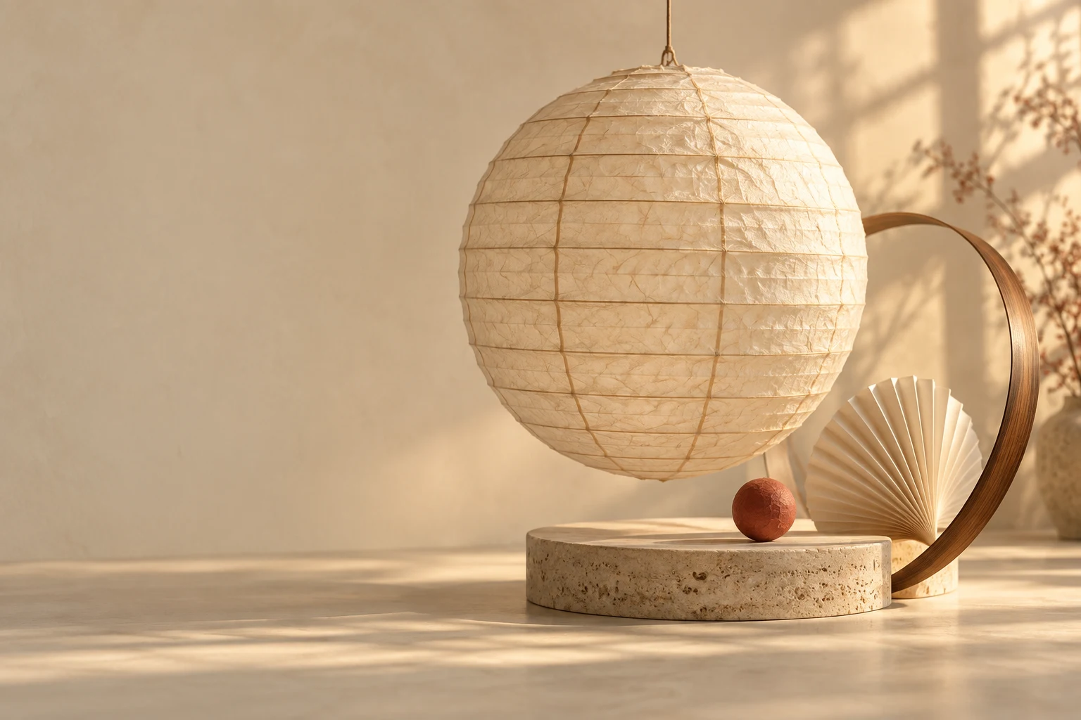 A handmade paper globe, folded paper and a wooden arc in warm sunlight